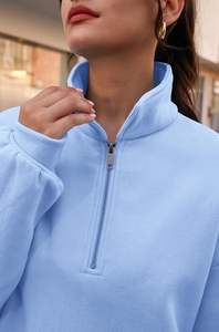 Sudadera de punto con cuello levantado y logotipo personalizado para mujer, 100% de algodón, informal, de Color sólido, cálida, con media cremallera, para invierno, venta al por mayor - Product Image 6