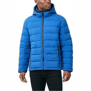 <b>Men's</b> <b>Navy</b> Hooded Coat <b>Quilted</b> Zipper Front Casual Puffer <b>Jacket</b> Regular Fit Stand Collar Woolen Eco-Friendly 100% Filled - Product Image 4