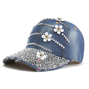 Casquette de baseball en denim unisexe élégante à motif de feuilles et ornée de diamants, 6 panneaux, polyester/coton, réglable, pour l'extérieur - Product Image 6