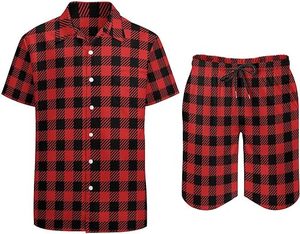 Conjunto de camisa y pantalones cortos de manga corta con botones de dos piezas para hombre, conjunto de verano informal de talla grande personalizado al por mayor, transpirable y antiarrugas - Product Image 1