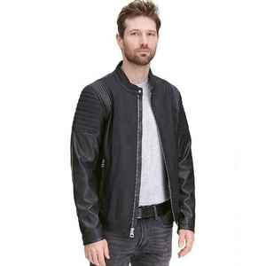 Chaqueta de piel sintética de piel de oveja para hombre en tela de lona personalizada negra con cuello levantado y logotipo frontal de alta calidad - Product Image 2