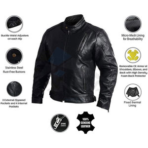 Blouson de moto en cuir avec armure pour homme, style café racer, blouson en cuir véritable, résistant aux intempéries, équipement de protection pour la conduite - Product Image 2