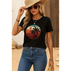 Blusa de viscosa con estampado de palmeras y manga corta para mujer, 37800 - Negro - Product Image 4