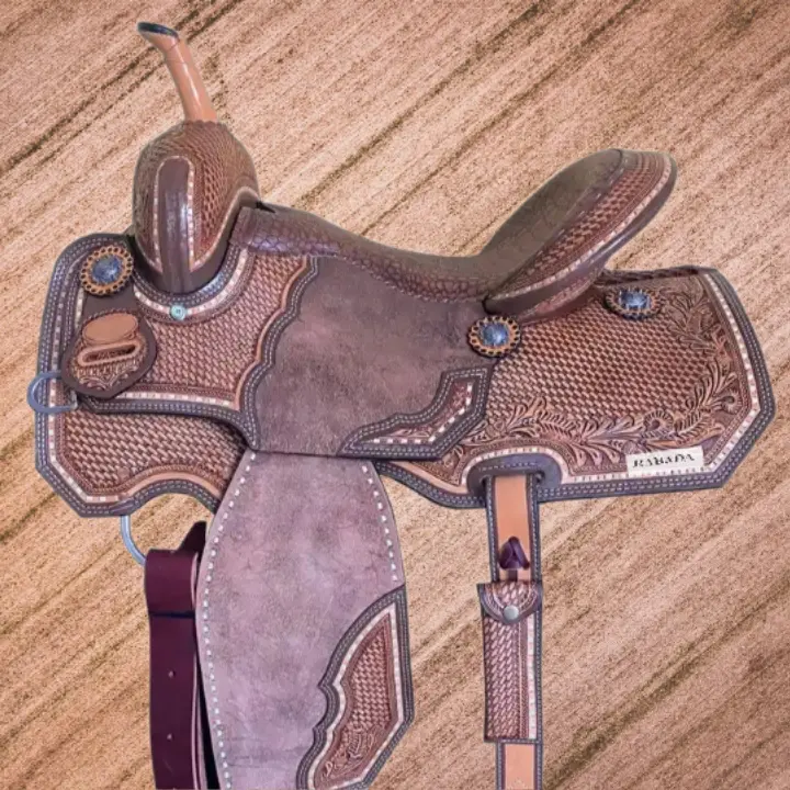 Hot selling New leather saddle barrel type with back billet & wide back girth horse tack genuine leather handmade