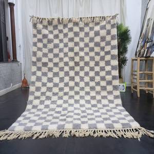 Blanc et Gris Damier Main Bloc Imprimer Motif Designer Dhurries 100% Brodé Travail Dhurries pour La Maison Salon Décor - Product Image 1