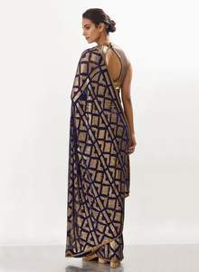 Sari de trabajo de secuencia bordada Georgette azul marino con estilo moderno con pieza de blusa para fiestas de boda para damas - Product Image 4