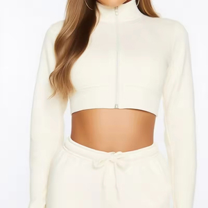 Customized Logo Two Piece Tracksuits Set Women High Quality Fabric Long Sleeve Zip up Crop Top Hoodie and Wide Leg Pants - Product Image 3