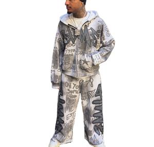 Venta al por mayor 3M reflectante pantalla impresa letra Logo gráfico Vintage Streetwear lavado sucio francés Terry Graffiti holgado chándal - Product Image 5