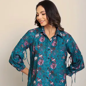 new Teal Green and Multicolour Floral Printed Relaxed Shirt With Collar Neckline shirt for women and girls at wholesale price