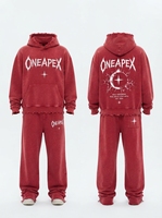 Ensemble survêtement décontracté 2 pièces pour femme, rouge délavé, avec sweat à capuche et pantalon de survêtement, coupe régulière, motif graphique vieilli, style streetwear