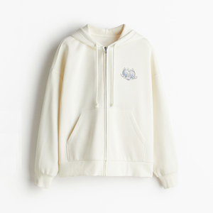 Women's Cream <b>Zip</b>-Up Hoodie With Embroidered Logo Casual Sweatshirt Regular Fit Full Sleeve Knitted Cotton Autumn Wear - Product Image 5