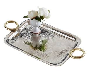 Luxury Square Single Stainless Steel Serving <b>Tray</b> <b>Silver</b> Hammered Metal Gold Handles Home Office Use <b>Decorative</b> Desk Food - Product Image 1