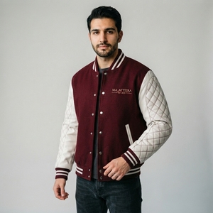 <b>Men</b> Navy <b>Brown</b> <b>Leather</b> Sleeve <b>Jacket</b> Wool Blend Snap Button Rib Collar Custom Casual Outerwear - Product Image 4