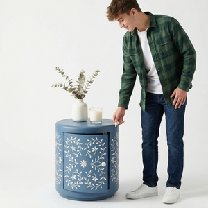 All New Handcrafted Bone Inlay Round <b>Side</b> <b>Table</b> Luxury Blue Floral Pattern Drum Bedside <b>Table</b> With <b>Storage</b> Drawer For Home & Hot - Product Image 1