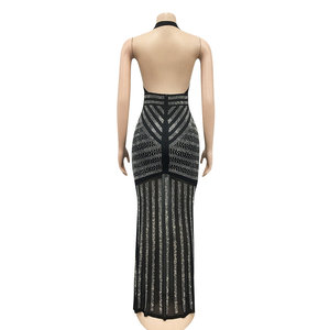 Abiti con Scollo a V Profondo e Allacciatura al Collo con Strass e Paillettes, Vestito Lungo da Sera con Spacco Alto per Feste - Product Image 1