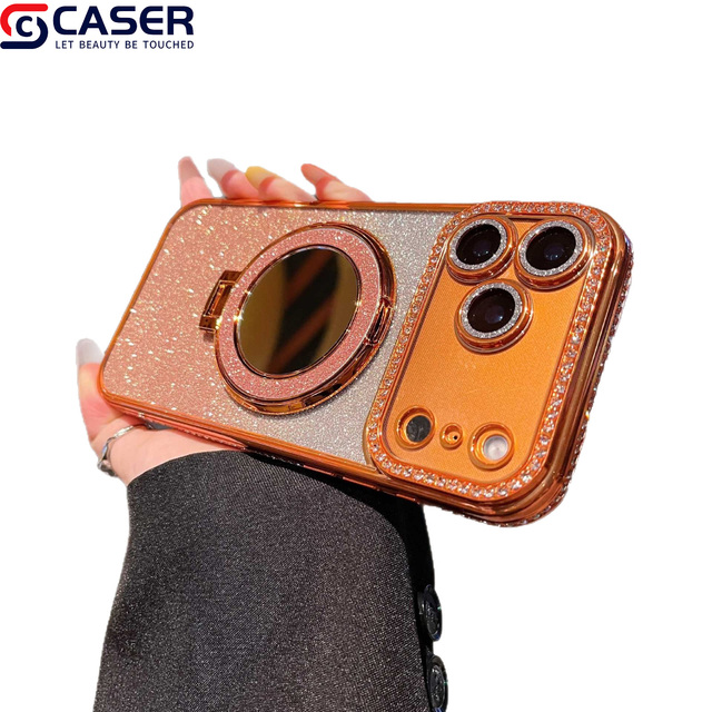 Shiny Gradient  Glitter Card Paper Make-Up Mirror Magnetic Stand Full Cover Mobile Phone Cases for Iphone11pro 16promax 17Air