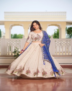 2024 verano tejido puro seda niñas fiesta Casual Lehenga Choli hasta el suelo tejido estampado Festival bordado secuencia lavable - Product Image 1
