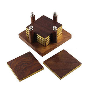 Posavasos con ancla de madera y latón, juego de 6 con soporte - Product Image 4