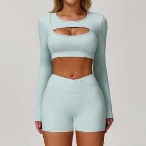 Wholesale Plus Size Sportswear Solid High <b>Support</b> Racerback Sports Bra Breathable High Waist Leggings Two Piece - Product Image 5