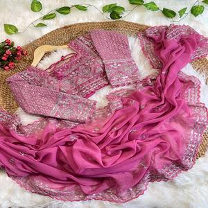 Colección de alta calidad Faux Georgette Saree & Blouse Secuencia Bordado Trabajo Fabricación de Surat al precio más bajo para la venta - Product Image 1