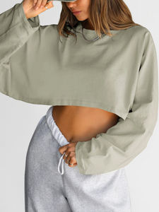 400 gramos/M poliéster algodón Otoño Invierno Color sólido cuello en V polar de gran tamaño mujer lavado ácido Crop Top sudaderas con capucha de alta calidad OEM - Product Image 3