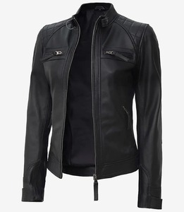 2025 nuevo diseño de moda elegante Color negro cremallera frontal ajustado botón a presión cuello chaquetas de cuero para mujer - Product Image 1