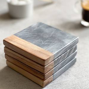 Antique Black Marble and Wood Tea Coaster Set Manufacturer High Quality Wood and Mable Table Top Tea <b>Coffee</b> Coaster - Product Image 2