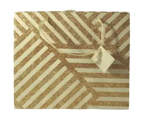 Hot Selling Metallic Gouden Glitter Print Handgemaakt Katoenen Papier Met Bijpassende Satijnen Lint Hhandle Tas