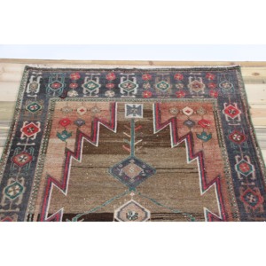 Vintage Turkish Rug, 3.8x9.6 ft Rug Rug, <b>Brown</b> Geometric <b>Wool</b> Rug - Product Image 4