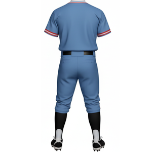Ensemble uniforme de baseball bleu clair athlétique, maillot de performance à boutons complets avec bordure contrastée rouge et blanche et pantalon d'équipe assorti - Product Image 3
