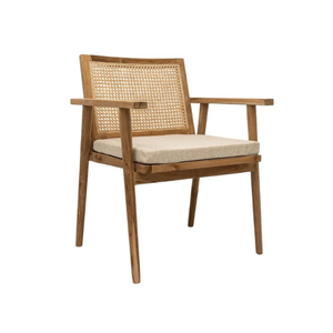 Modern Teak Rattan Dining Armchair with Straight Armrest and <b>Cushioned</b> <b>Seat</b> for Restaurant Hotel Apartment Dining - Product Image 2