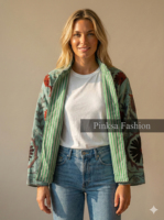 Chaqueta de Mujer Tejida en Terciopelo con Bordado Floral Azul, Ecológica, de Algodón Antiarrugas y Transpirable, Hecha a Mano con Diseño Étnico Suzani