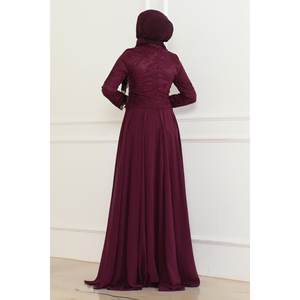 ชุดราตรีผ้าชีฟองสีม่วง 6141 ประดับมุก แต่งลายปักเลื่อม ทรงเอไลน์ ยาวกรอมพื้น เอวทรงธรรมชาติ - Product Image 4