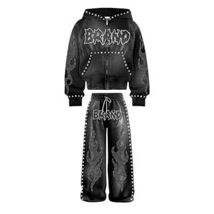 Custom heavy rhinestone zipper set streetwear loose laminated flared <b>hoodie</b> and sweatpants breathable <b>hoodie</b> for unisex - Product Image 1