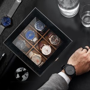 Boîte à montres en bois pour hommes, organisateur de bijoux pour hommes à 6 emplacements avec dessus en verre, vitrine laquée à 2 niveaux pour le rangement de la montre-bracelet - Product Image 3
