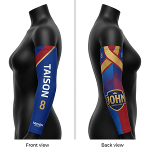 Manguitos de fútbol para mujer, premium, 220 GSM, poliéster y spandex, transpirables, diseño de paneles azul, rojo y dorado, impresión por sublimación, logotipo personalizado - Product Image 1