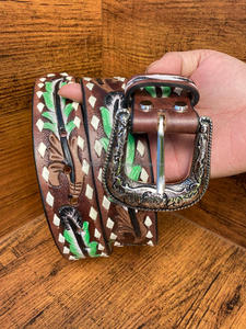 New Arrival Genuine Leather Western Hand Tooled and Hand Painted Floral <b>Belts</b> Real Handmade Tooled Leather Unisex Waist <b>Belts</b> - Product Image 2