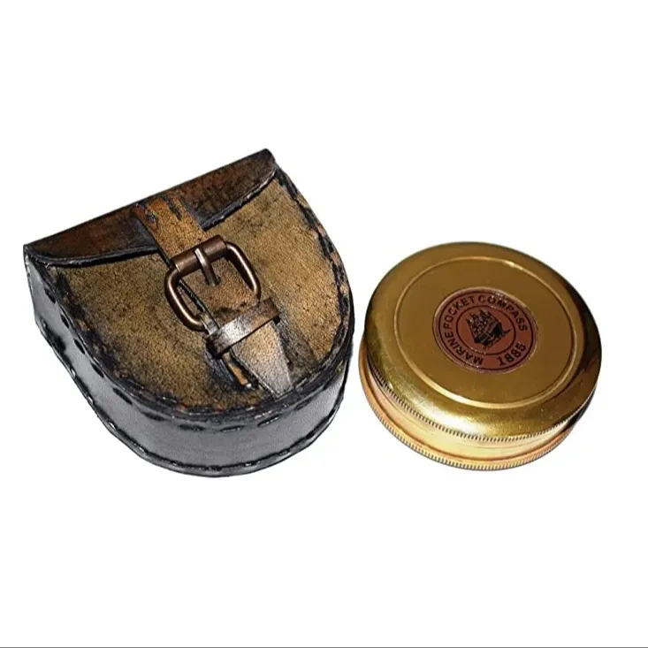 Latest Arrival Gold Plated New Brass Sundial Compass Unique Gift for Men with Leather Case and Chain Push Open Compass Vintage
