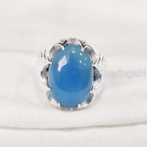 Recién llegado, anillo para hombre, piedra preciosa de Calcedonia azul Natural, anillo de piedra natal, todos los tamaños, joyería fina árabe, anillo de Plata de Ley 925 - Product Image 3