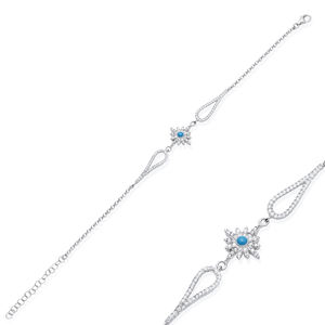 Flower Design Turquoise Clear Zircon Stone Shape <b>Charm</b> <b>Bracelet</b> Turkish Wholesale Handmade 925 Sterling <b>Silver</b> Women's Gift - Product Image 2