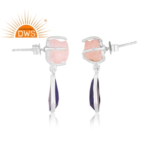 Best Quality <b>Fine</b> Sterling Silver Natural Rose Quartz & Lapis Lazuli Gemstone Dangle <b>Earring</b> Custom Jewelry Manufacturer - Product Image 3