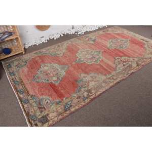 Alfombra de lana Vintage (5x9,8 pies) Patrón abstracto rojo y verde para entrada o cabecera Respaldo de látex - Product Image 2