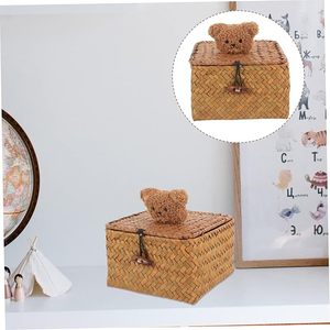 Panier de rangement en jonc de mer et en plastique avec couvercle tissé organisateur pour salle de bain bureau salon-pour DVD articles de toilette livres - Product Image 4