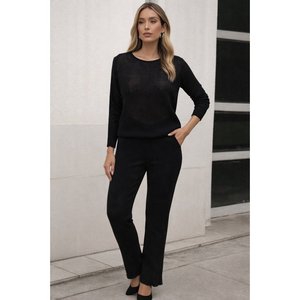 Jane's Women's Long Sleeve Round Neck Transparent Detail Knit Blouse and Pants <b>Two</b>-<b>Piece</b> <b>Set</b> for Casual Daily Wear - Product Image 1