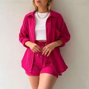 Hot Selling Women's Casual Two-Piece <b>Set</b> Solid Color Long Sleeved <b>Shirts</b> & Knee Drawstring <b>Shorts</b> Wholesale Knitting Fabric - Product Image 1