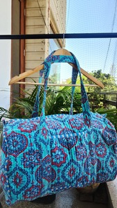 Handmade <b>Quilted</b> <b>Velvet</b> Cotton Duffle Bag Blue Red Floral Print | Luxury Weekender Durable Travel Bag | Eco-Friendly Large - Product Image 2