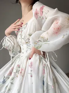 2024 Women New Fashion French Dress Fishbone Slim Print First Love Fairy Dress Bohemian Long Princess Dress