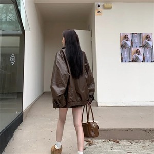 Women Real Leather Jacket American Vintage Solid Color Pu Loose Casual Versatile Outwear Highstreet Streetwear - Product Image 4