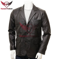 Blazer kulit hitam pria Kerajinan Tangan Premium-jaket pakaian luar bergaya khusus untuk pria modis