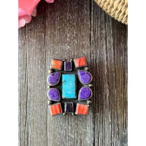 Broche Vintage Navajo de Turquesa Esmaltada con Perlas y Cristales, Multicorales, de Plata Esterlina, Regalo para Ocasiones Especiales, Tecnología de Esmaltado - Product Image 1